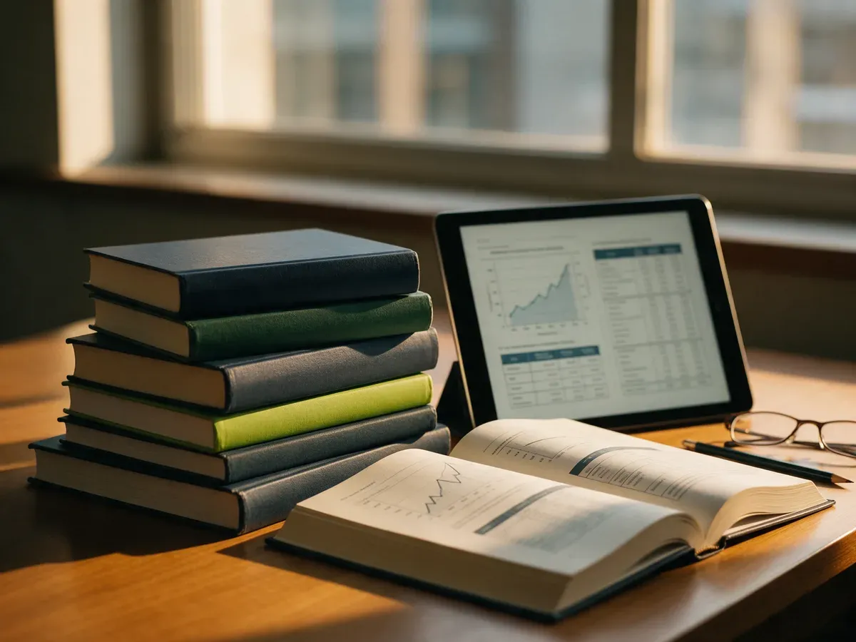 Pila de libros junto a una tablet y un libro abierto con gráficos y tablas